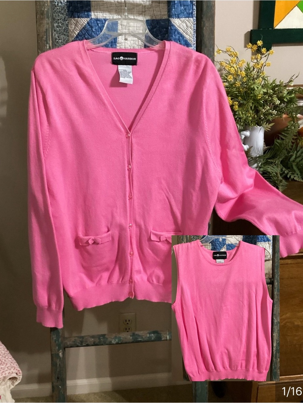 Sag Harbor Beautiful Rose Pink Cardigan and Sleeveless Crewneck Sweater Tank Set